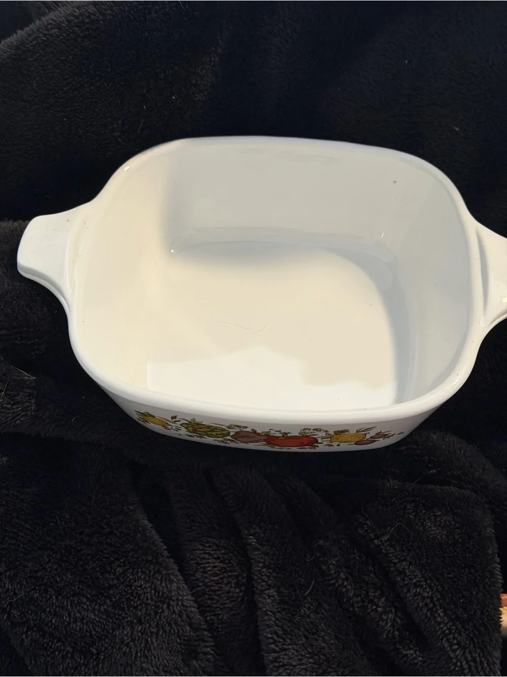 Corningware White Casserole Dish with Fruit and Vegetable Motif